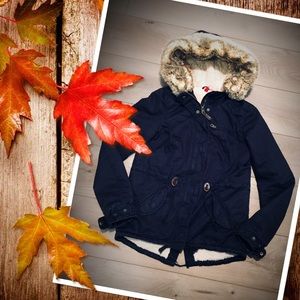 Black Fur Hood Fleece Lined Parka Coat Jacket